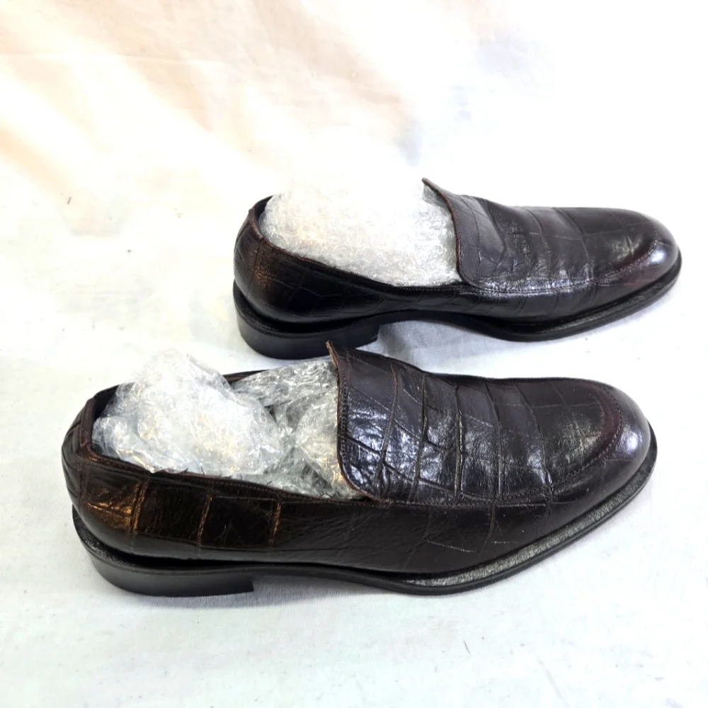 Emporio Armani Men's 38 Brown Croc   Embossed Leather Loafers Shoes